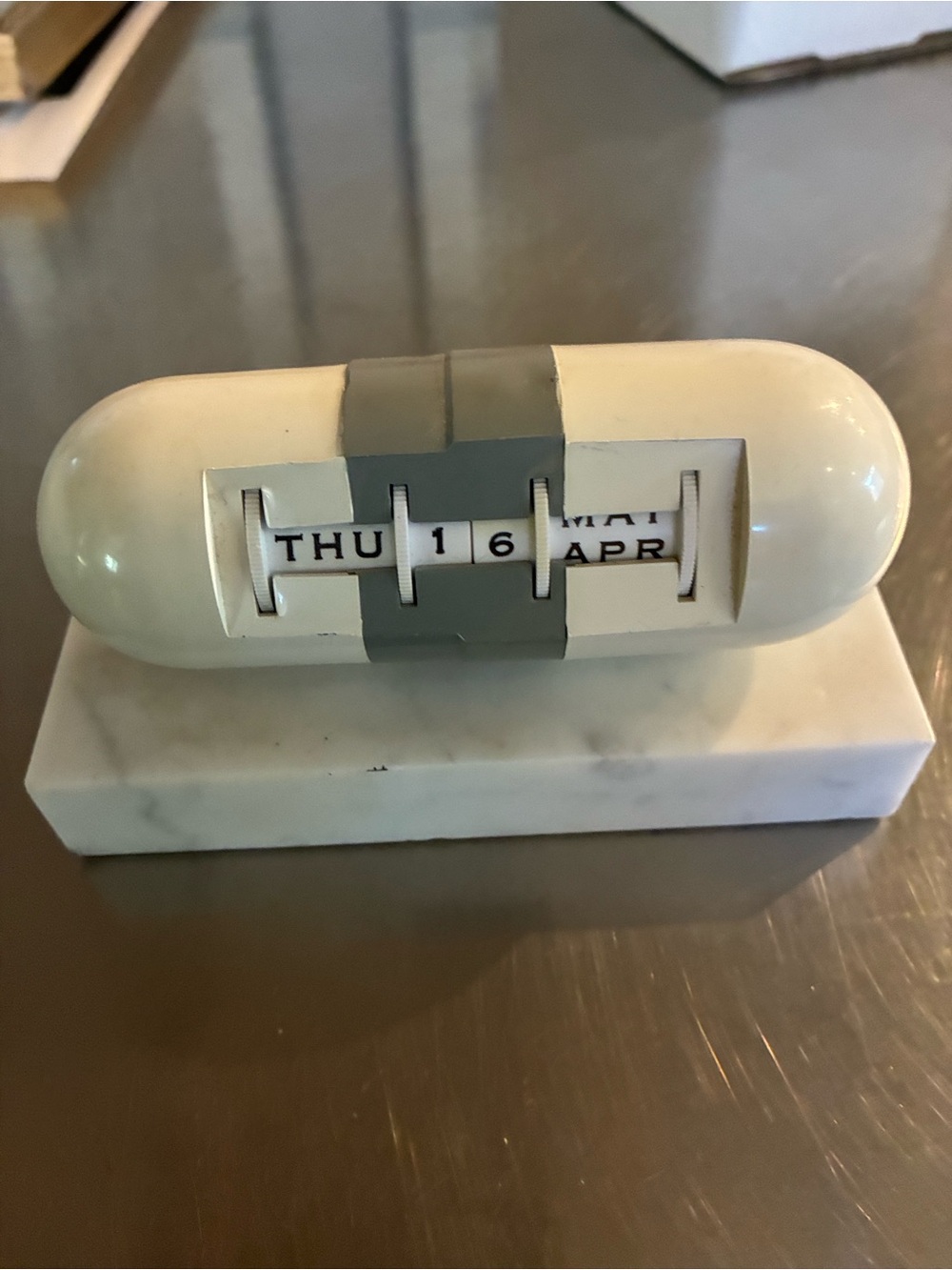 Pill Capsule Desk Calendar Cream /Gray Desktop Perpetual Calendar on Marble Base